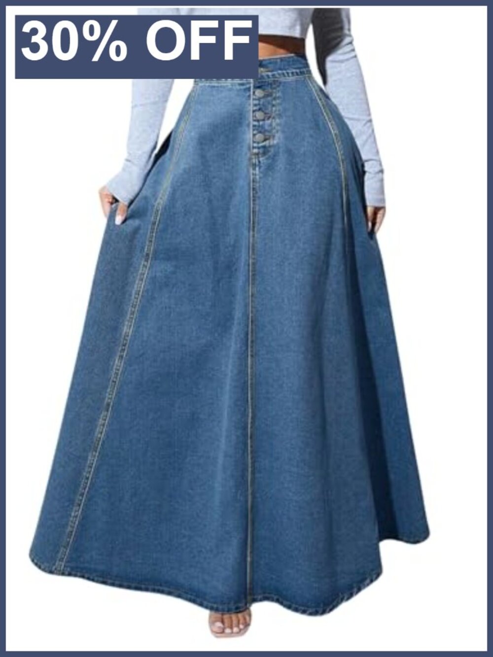 Retro High Waisted Button Fly Flared Maxi Denim Skirt